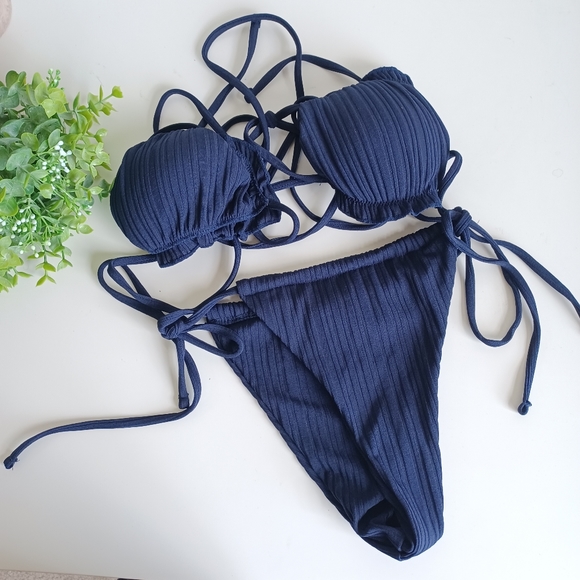 Navy Blue Ribbed String Bikini NEW - Picture 5 of 9